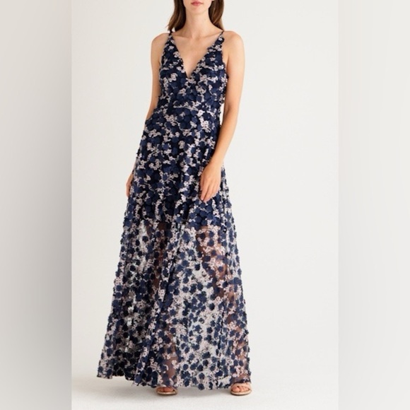 Xscape Evenings Xscape 3D Floral V Neck Gown Wedding Guest Formal Evening Gown - Picture 3 of 12